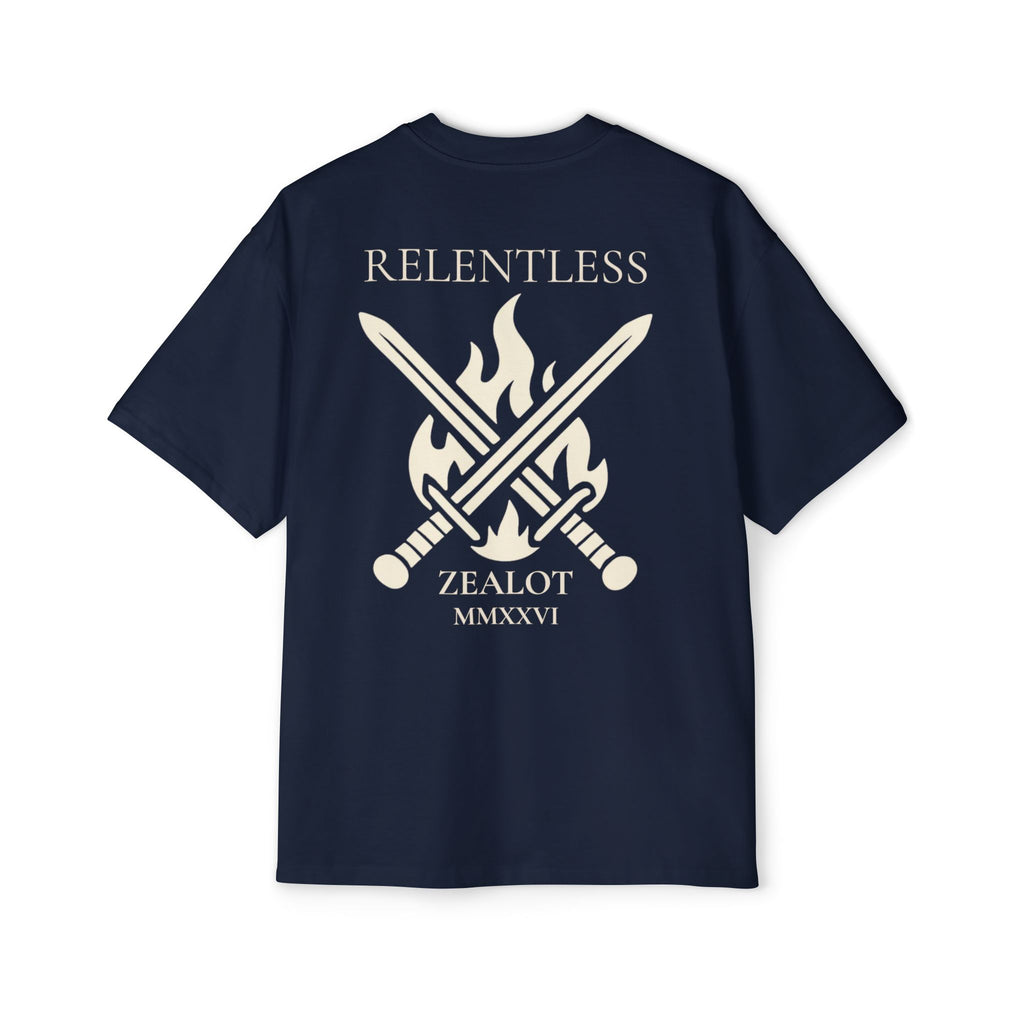 Relentless Zealot Tee — Men’s Oversized Graphic Shirt with Crossed Swords & Flame