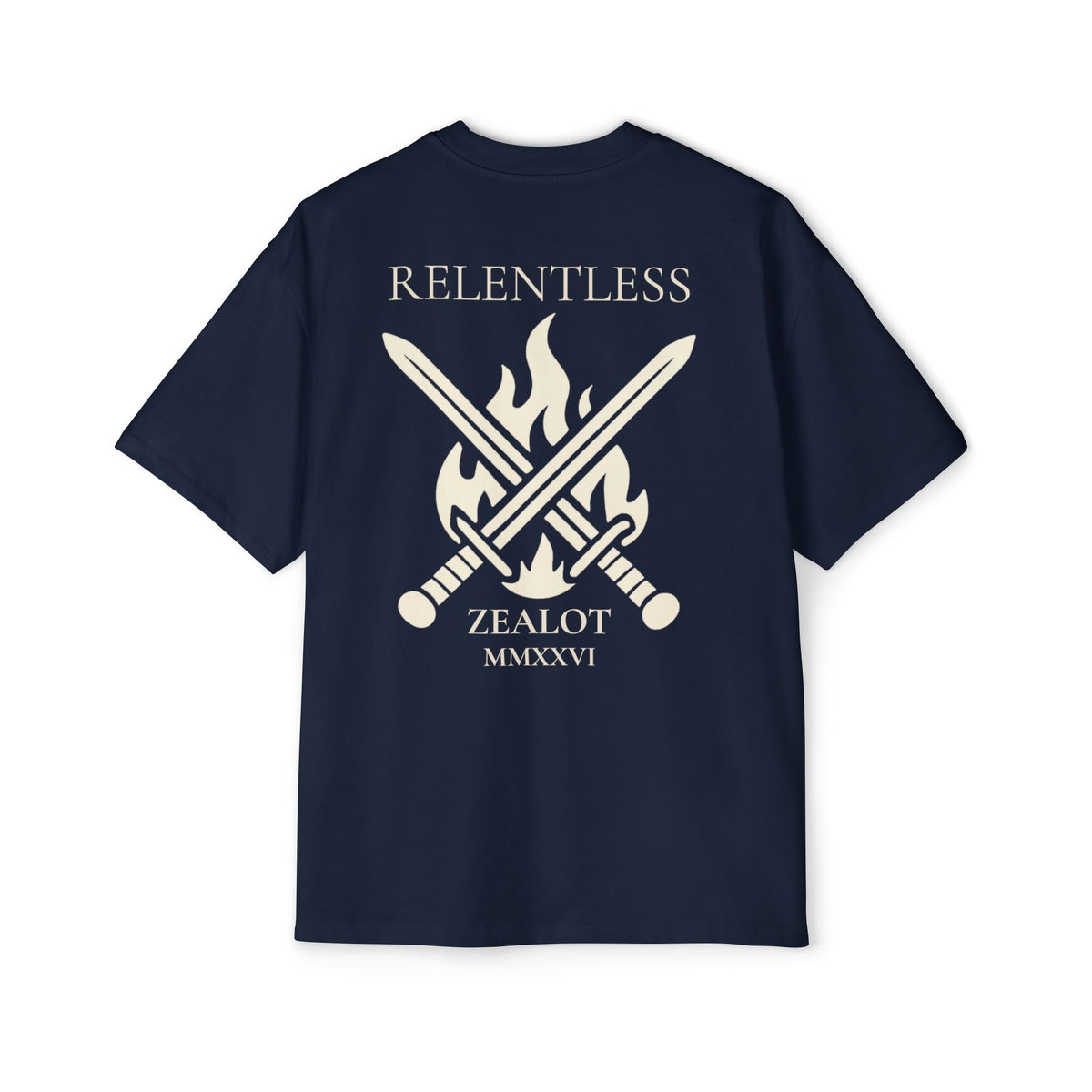 Relentless Zealot Tee — Men’s Oversized Graphic Shirt with Crossed Swords & Flame