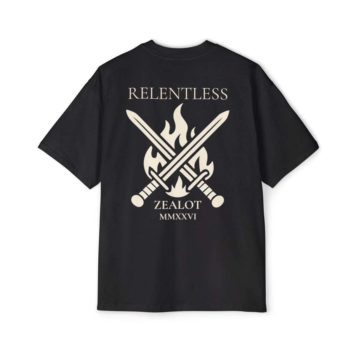 Relentless Zealot Tee — Men’s Oversized Graphic Shirt with Crossed Swords & Flame