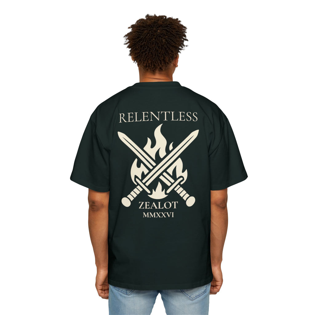 Relentless Zealot Tee — Men’s Oversized Graphic Shirt with Crossed Swords & Flame