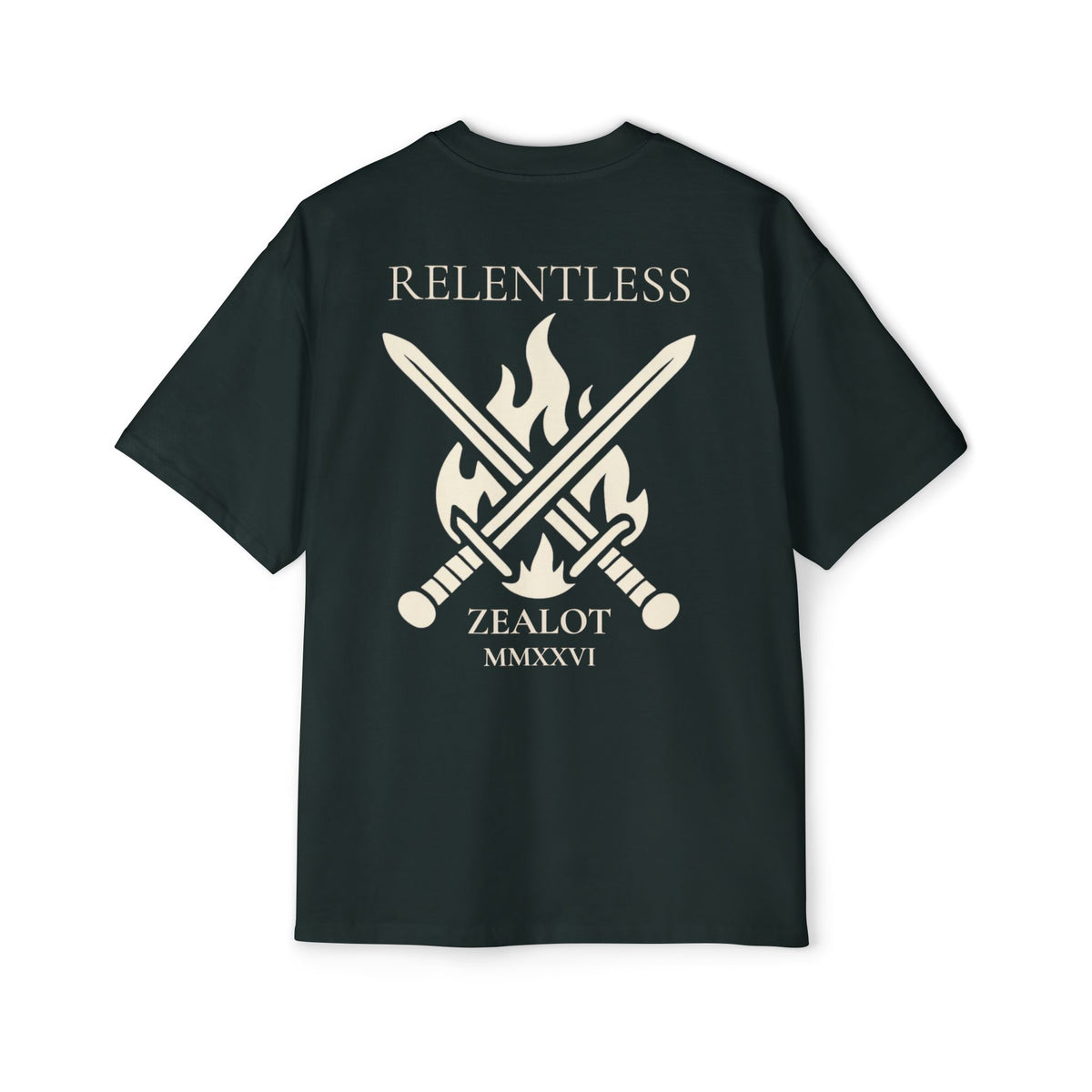Relentless Zealot Tee — Men’s Oversized Graphic Shirt with Crossed Swords & Flame