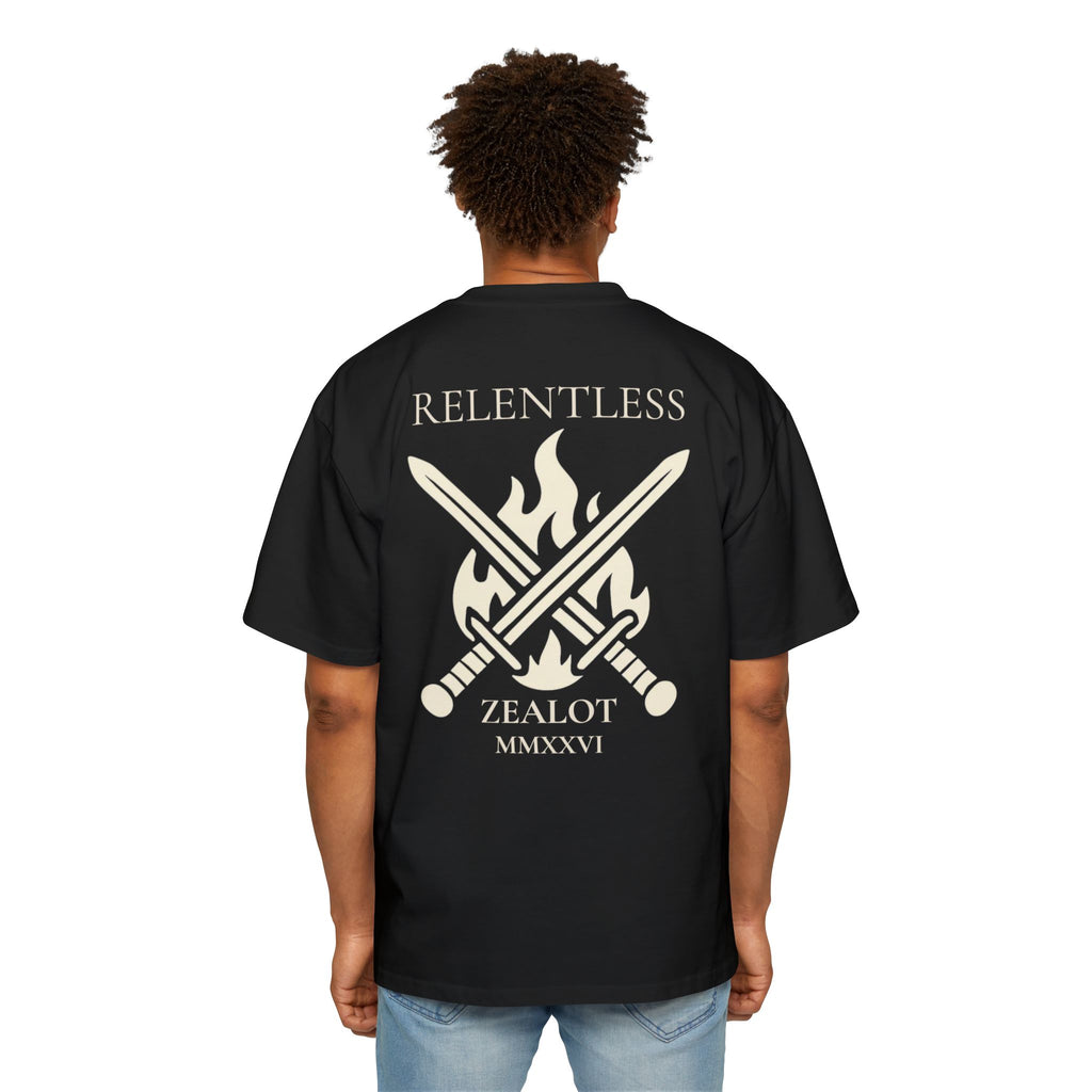 Relentless Zealot Tee — Men’s Oversized Graphic Shirt with Crossed Swords & Flame
