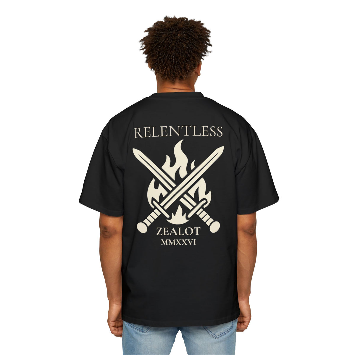 Relentless Zealot Tee — Men’s Oversized Graphic Shirt with Crossed Swords & Flame