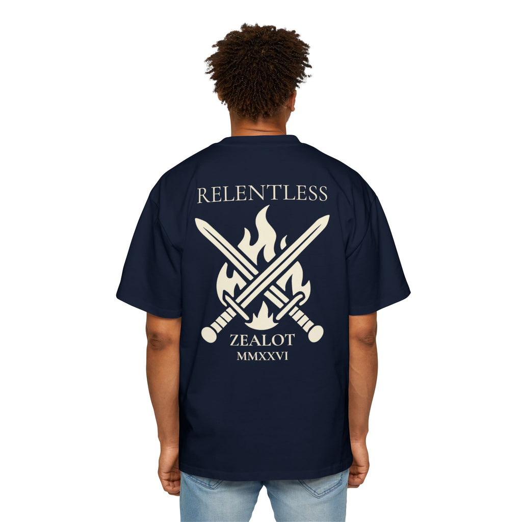 Relentless Zealot Tee — Men’s Oversized Graphic Shirt with Crossed Swords & Flame